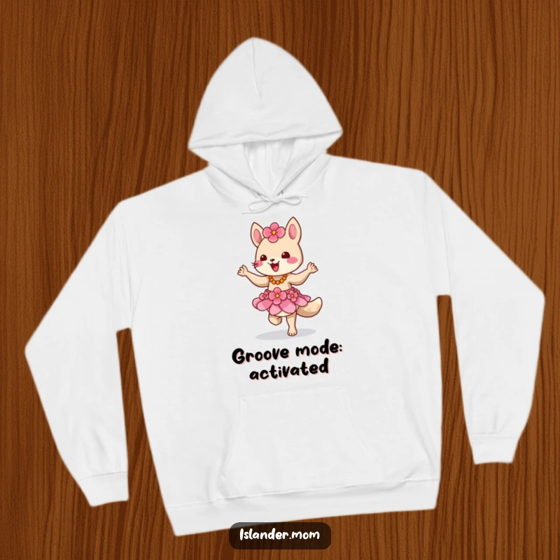 Funny hoodie with a cute island animal character dressed in a flower skirt, dancing energetically in a tropical setting.
