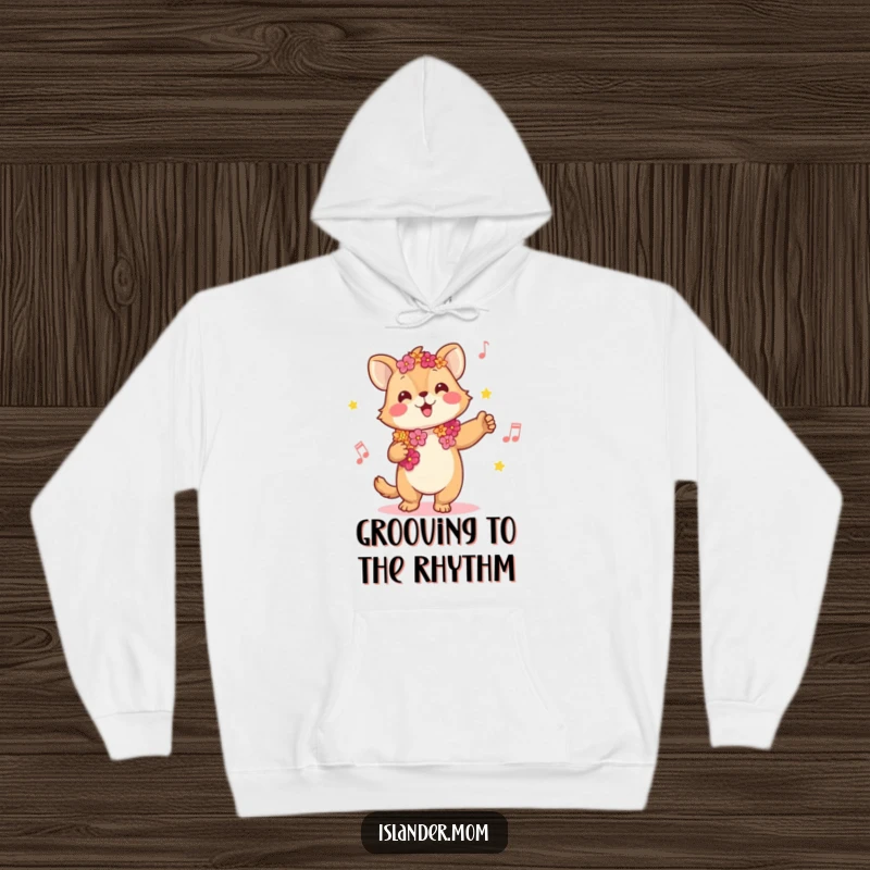 Funny hoodie with a happy kawaii islander animal wearing a lei, swaying to music, perfect for cozy tropical vibes.
