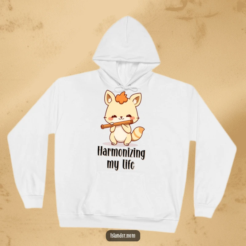 Funny spirited animal playing a simple flute with a beaming smile, a warm and humorous hoodie for music lovers and creatives.
