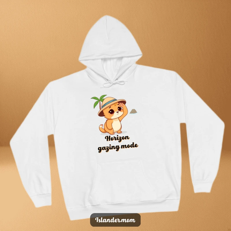 Funny Islander Mom Hoodie, soft and cozy, depicting an islander mom shading her eyes while looking at a distant island, ideal for travelers.