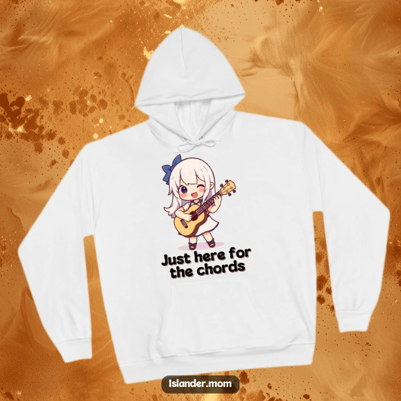 Funny hoodie with a character joyfully strumming a ukulele, designed for ultimate comfort and musical merriment.