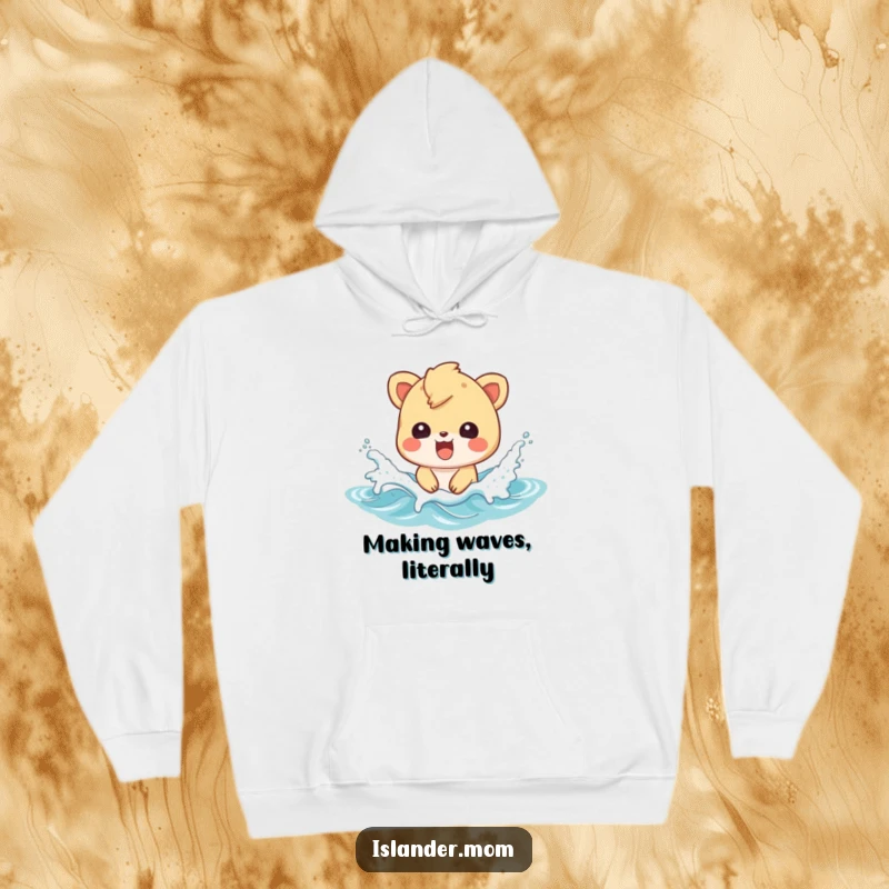 Funny hoodie with an islander animal character joyfully splashing in ocean waves, radiating beach fun and happiness.