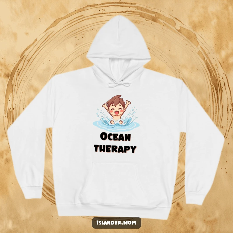 Funny Hoodie depicting an islander gleefully splashing in ocean waves, ideal for staying warm with a touch of beach joy.