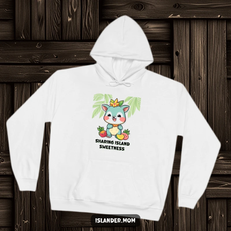 Funny hoodie featuring a cute island animal character holding out a delicious tropical fruit, inviting smiles and warmth.