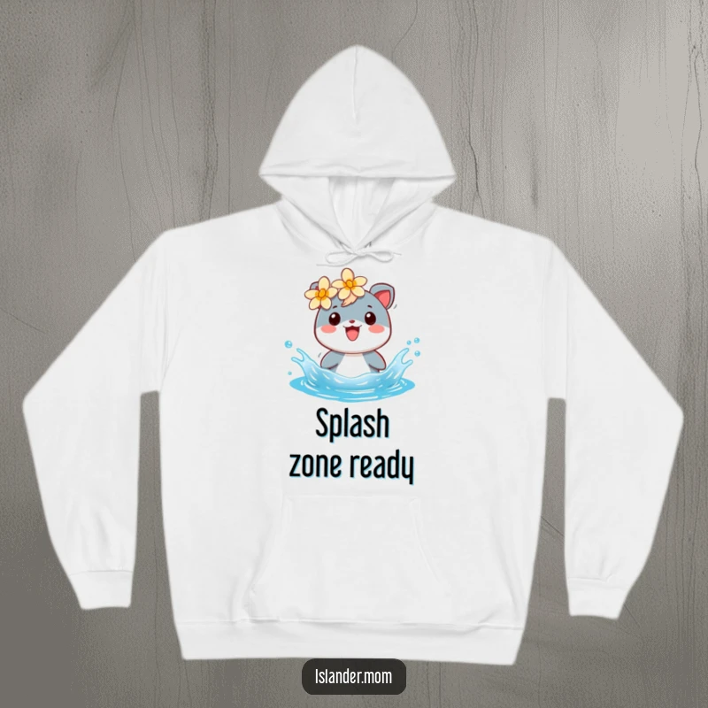 Funny hoodie featuring a cheerful islander animal with a flower behind its ear, splashing gleefully in blue water.