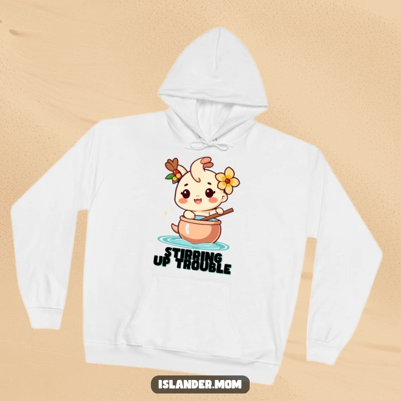Funny hoodie depicting a happy islander character with a flower, stirring a large pot, perfect for cozy island humor.