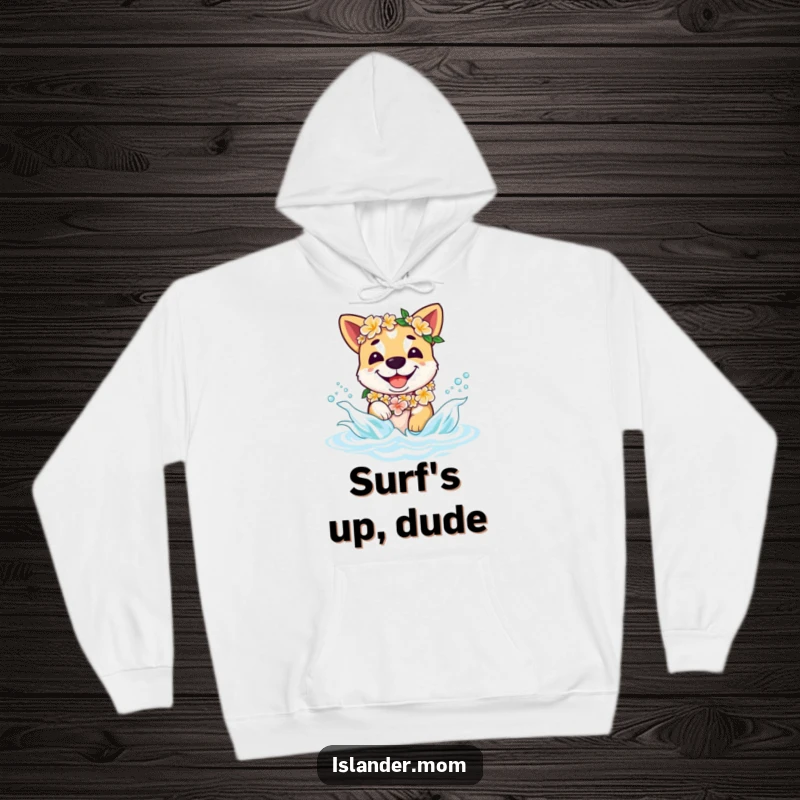 Funny islander dog hoodie featuring a smiling dog with a flower lei, joyfully splashing in ocean waves, perfect for cozy beach vibes.