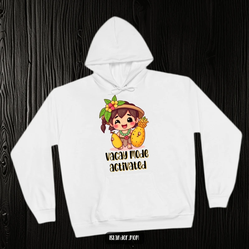 Funny Hoodie: A beaming kawaii islander character clutches a vibrant tropical fruit, offering warmth and a touch of island humor.