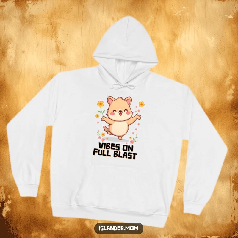 Funny Hoodie: Cozy hoodie featuring a kawaii islander animal dancing energetically among flowers, blending warmth with vibrant humor.
