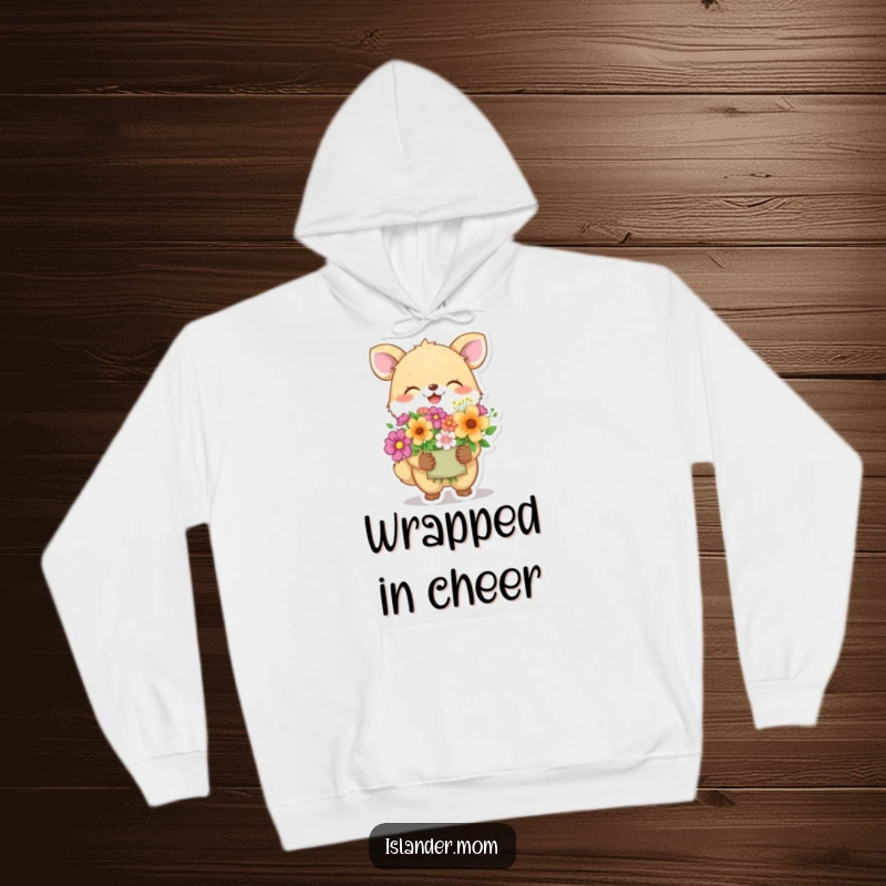 Funny animal character chuckling while holding a colorful bunch of flowers, a warm and humorous hoodie symbolizing happiness and gifting.