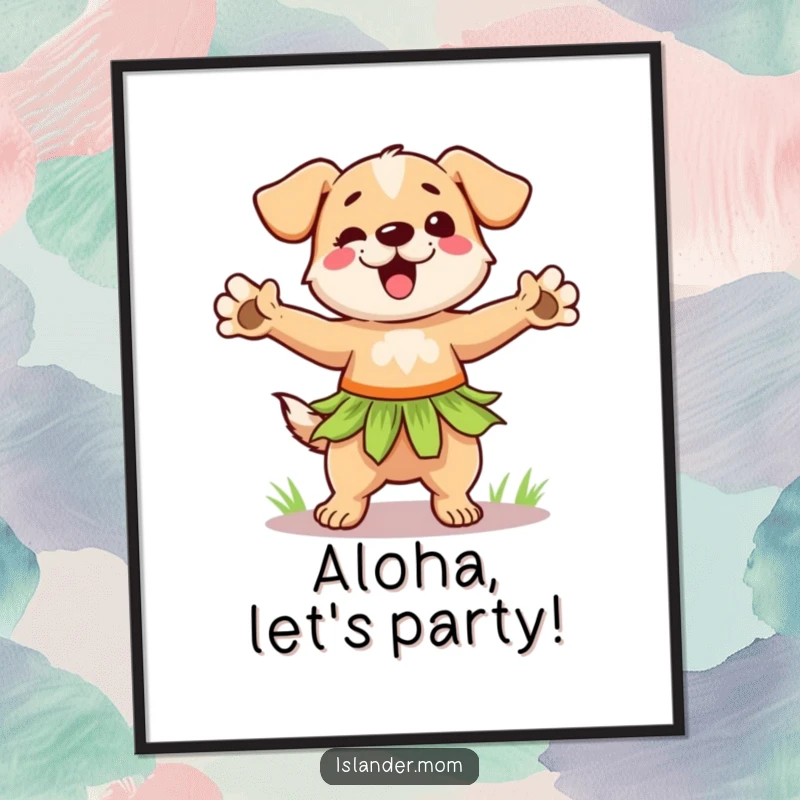 Funny Free Printable Wall Art: Dog in a grass skirt dancing energetically with paws outstretched, tropical party vibe.