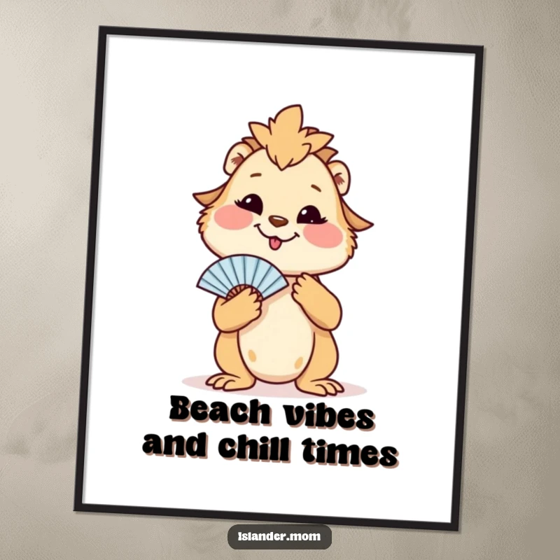 Funny Free Printable Wall Art: Islander mom animal with a wide, contented smile fans herself, radiating pure vacation bliss and humor.