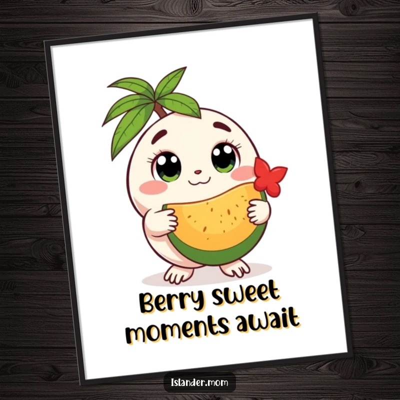 Funny Free Printable Wall Art: Round island creature with big, gentle eyes offers a delicious tropical fruit.