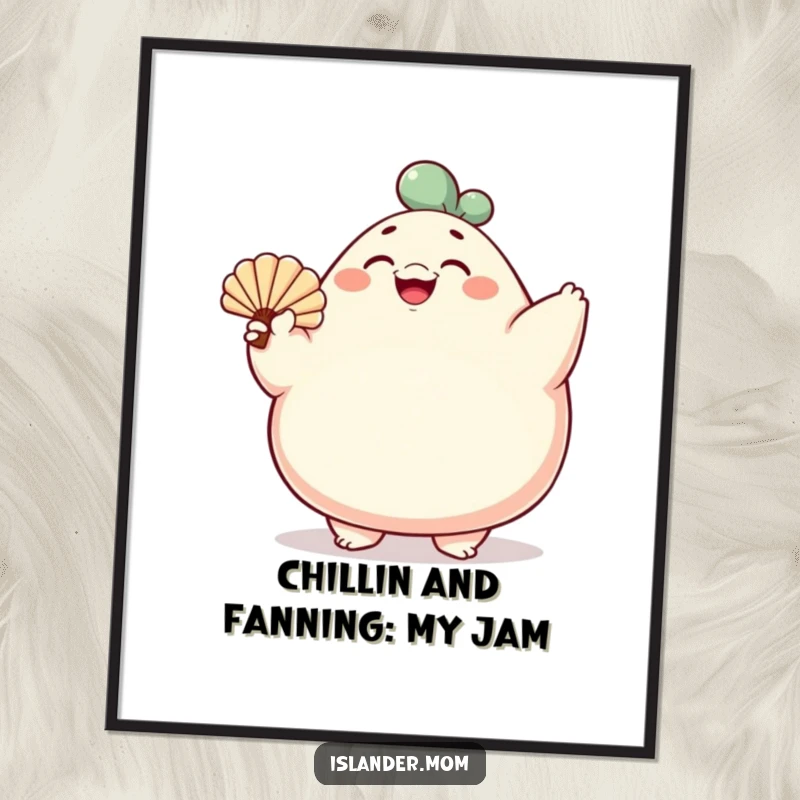 Funny free printable wall art of a rotund character gesturing with a shell fan, smiling broadly, fantastic downloadable art.