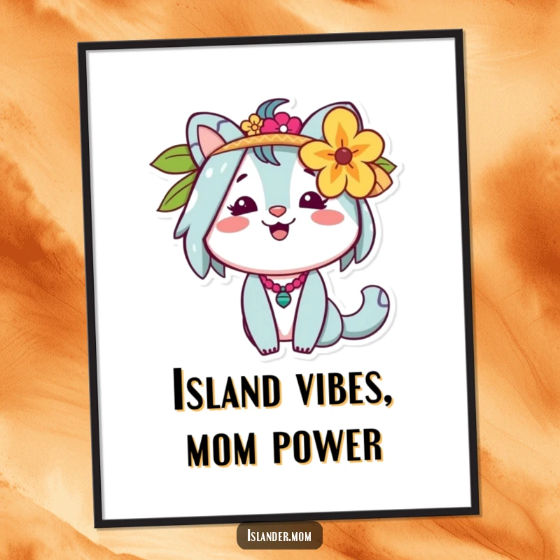 Cheerful Free Printable wall art of a friendly islander mom animal figure with a flower behind her ear, embodying tropical serenity.