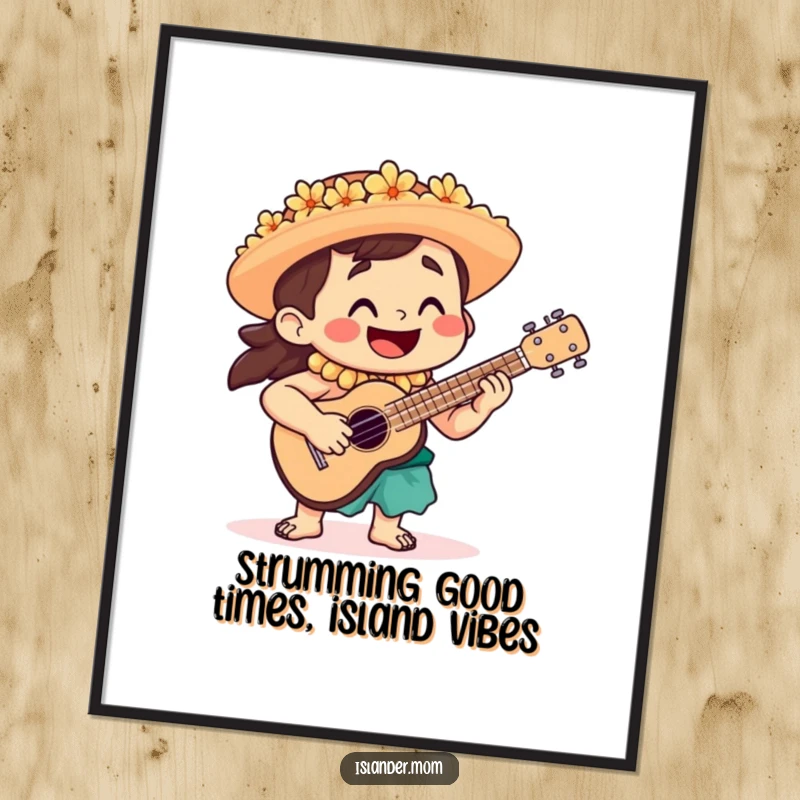 Funny Free Printable Wall Art: A smiling islander character playing a ukulele, creating a cheerful and tropical musical atmosphere.