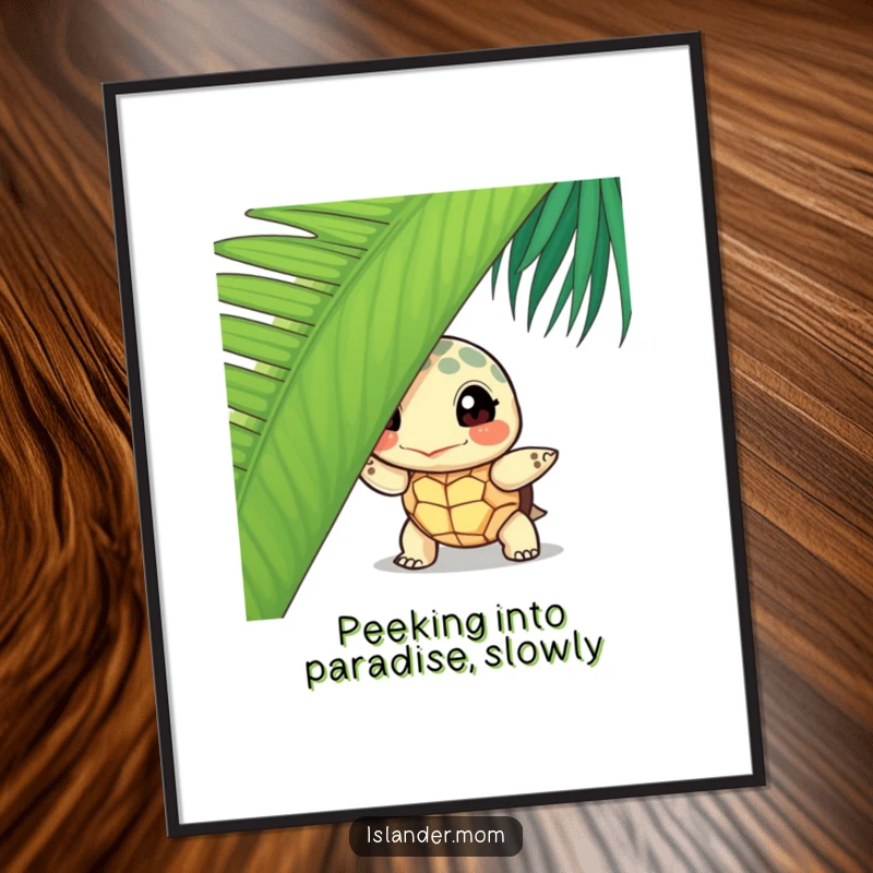 Funny Free Printable Wall Art: Curious island turtle peeking from behind a lush green palm leaf.