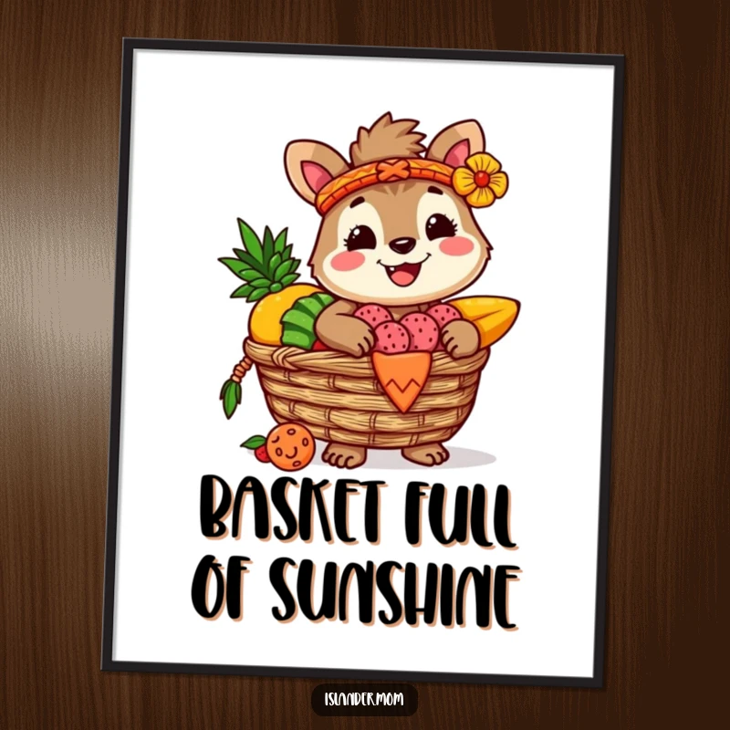 Funny Free Printable Wall Art: Adorable islander animal proudly displays a woven basket brimming with colorful tropical fruits, perfect for wall decor.