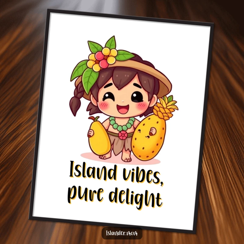 Funny Free Printable Wall Art of a Kawaii islander character blissfully holding a vibrant tropical fruit, embodying pure happiness.