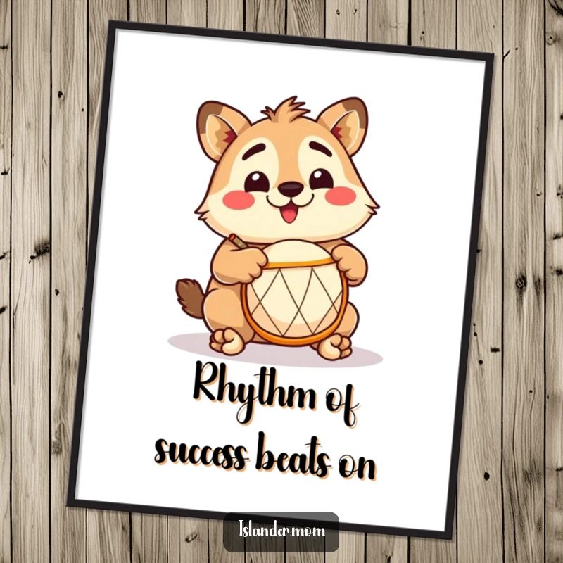 Funny Free Printable Wall Art: An excited kawaii islander character joyfully plays a small drum with its paws.