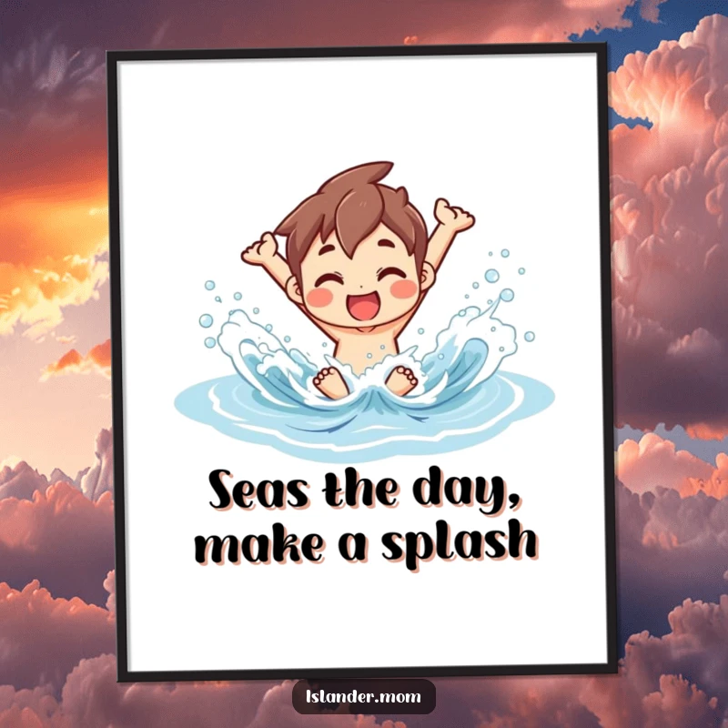 Funny Free Printable Wall Art: An islander character joyfully splashing in gentle ocean waves, depicting pure summer bliss.