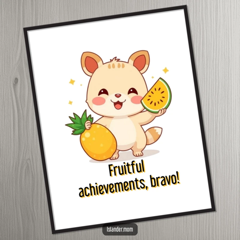 Funny free printable wall art of a happy animal character skillfully juggling an assortment of colorful tropical fruits.