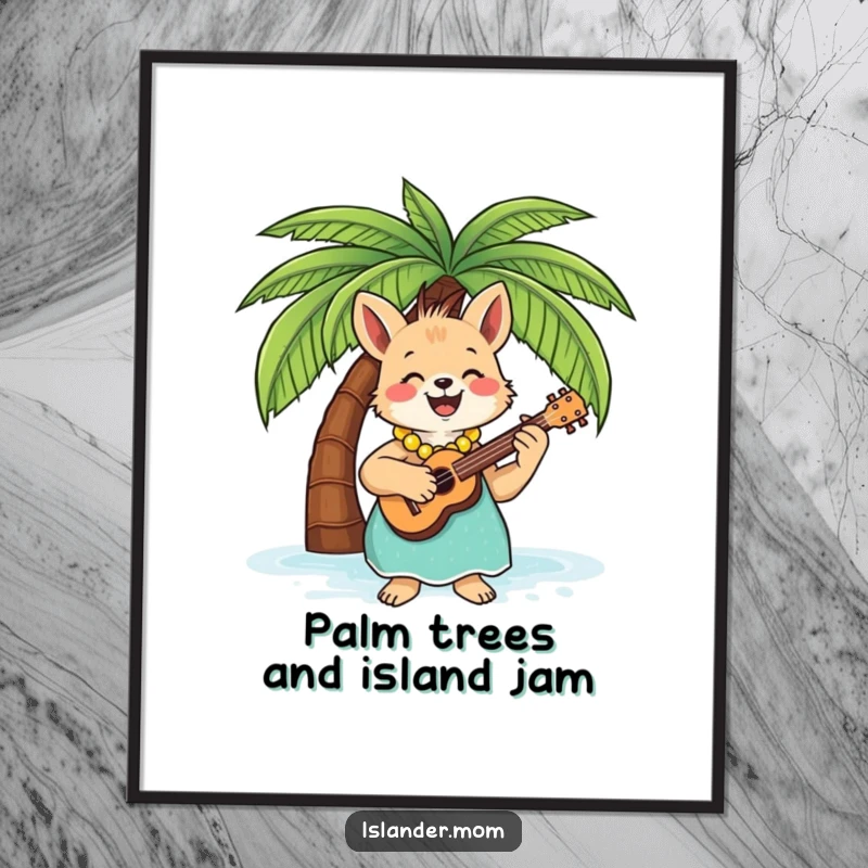 Funny Free Printable Wall Art: An islander mom animal happily plays a ukulele under a lush palm tree, evoking relaxation.