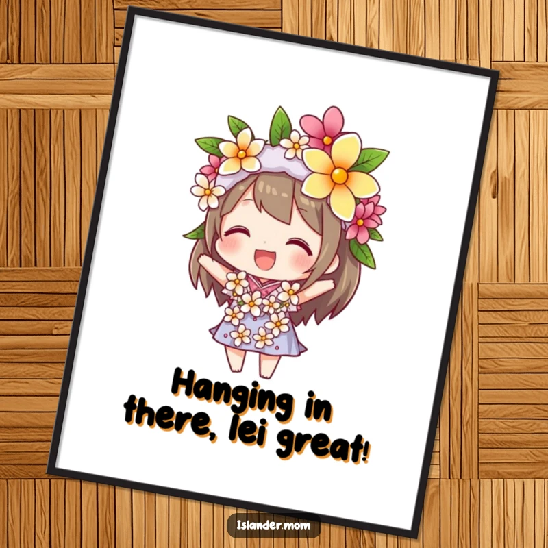 Funny Free Printable Wall Art: A cheerful character hilariously balancing a vibrant flower lei on its head, full of beaming joy.