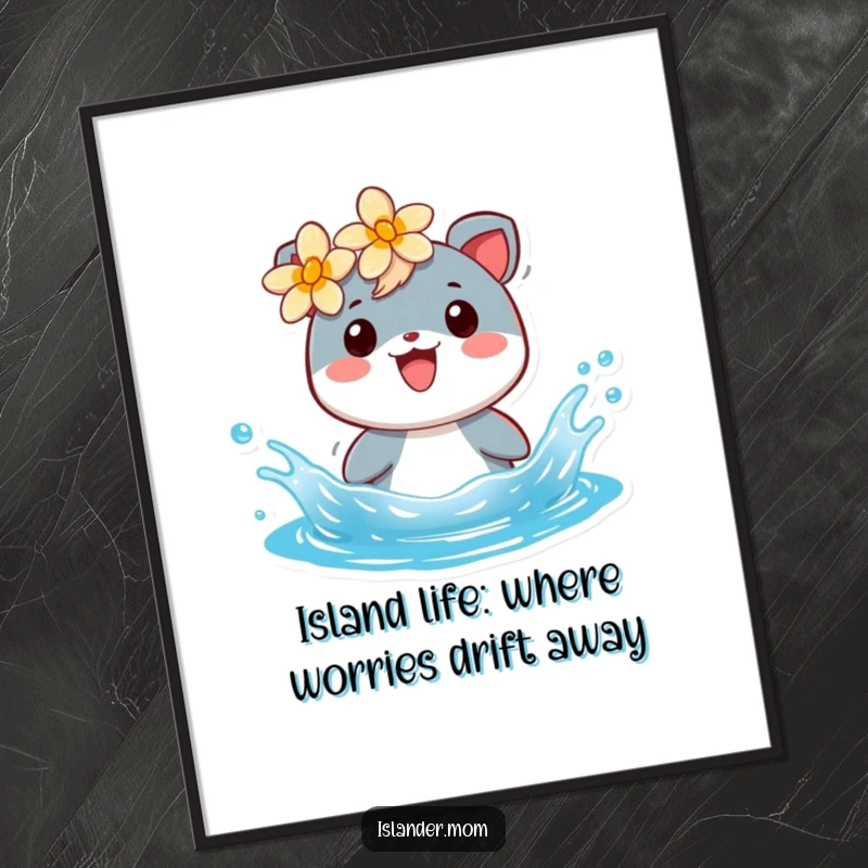Funny Free Printable Wall Art: A cheerful islander animal with a flower behind its ear joyfully splashing in bright blue water.