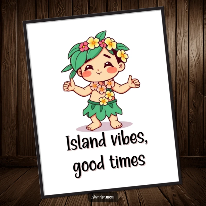 Funny Free Printable Wall Art: A kawaii islander character with a flower lei dances happily with arms moving freely.