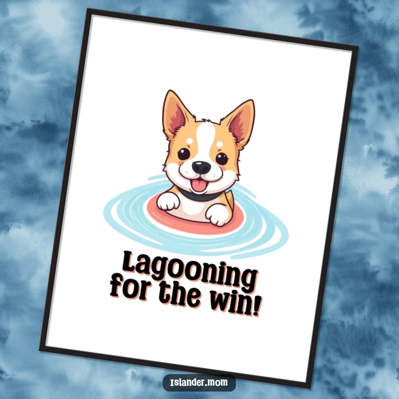Funny Free Printable Wall Art: Dog paddles enthusiastically in a serene blue lagoon, creating a peaceful water scene.