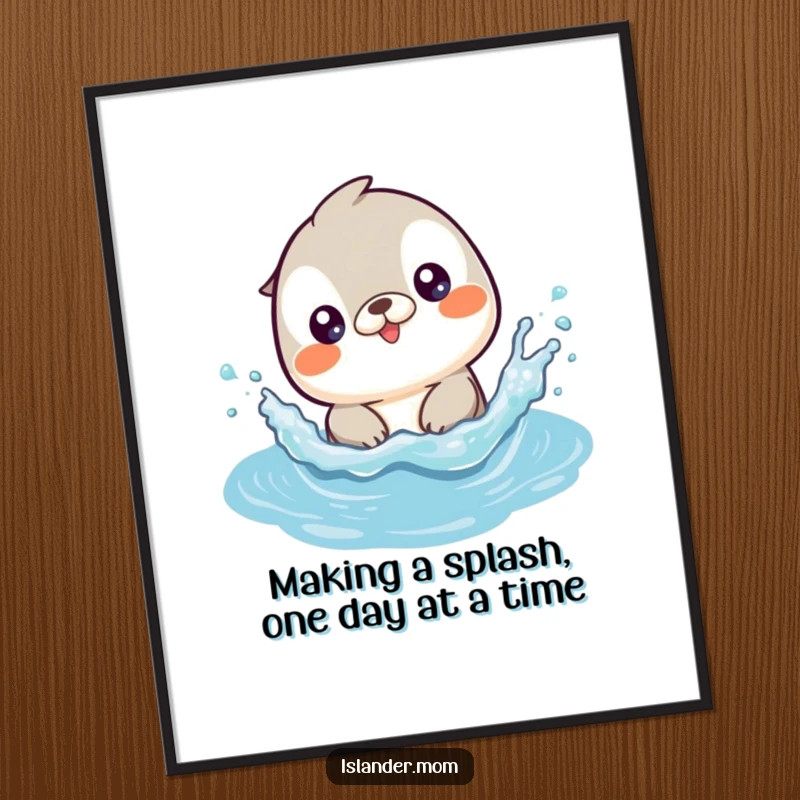 Funny free printable wall art featuring a kawaii islander animal joyfully splashing in ocean waves, bringing playful beach vibes home.