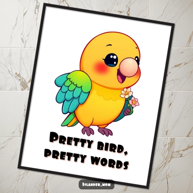 Funny Free Printable Wall Art of a smiling, colorful parrot holding a flower, bringing exotic beauty indoors.