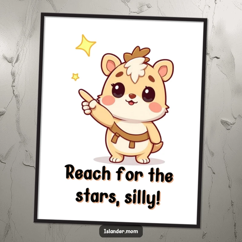 Funny Free Printable Wall Art: A curious kawaii islander animal gazes up at a twinkling star, evoking wonder and imagination.