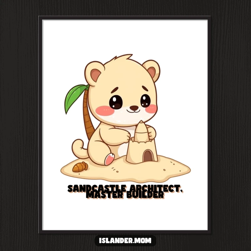 Funny Free Printable Wall Art, a kawaii islander animal with intense focus, delightedly building a small, detailed sandcastle.