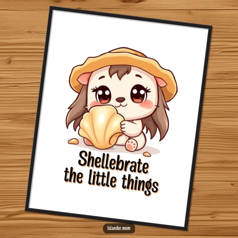 Funny free printable wall art depicting a kawaii islander animal with wide, amazed eyes finding a gleaming seashell on the shore.