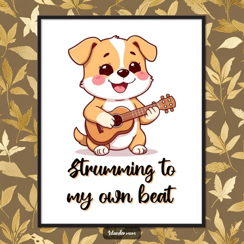 Funny Free Printable Wall Art: Dog joyfully playing a ukulele with a focused, happy expression, radiating musical vibes.