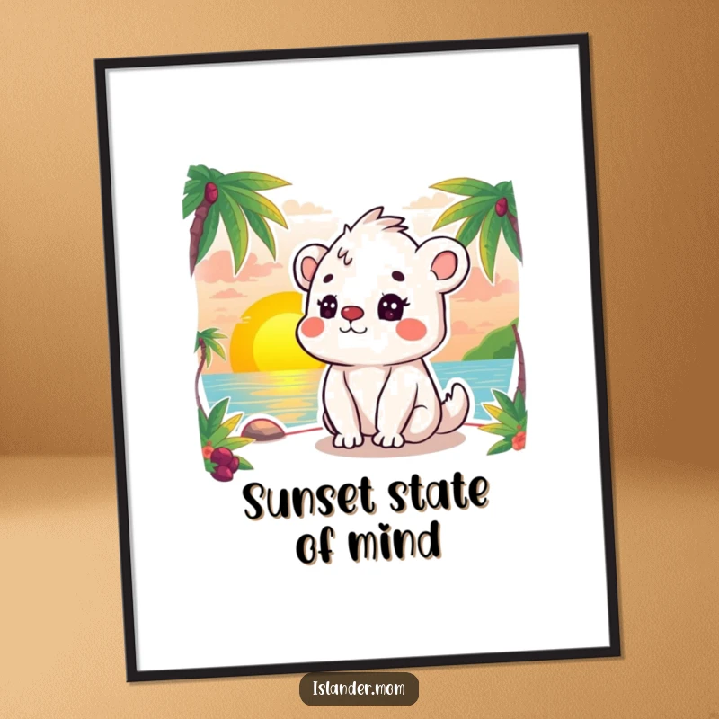Funny Free Printable Wall Art, a kawaii islander animal with eyes closed in bliss, watching a beautiful sunset.