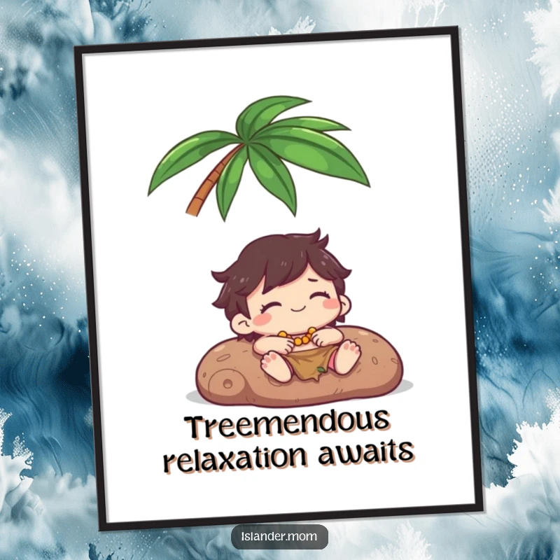 Funny Free Printable Wall Art of a Kawaii islander character blissfully relaxing beneath a palm tree, eyes closed in pure, happy serenity.
