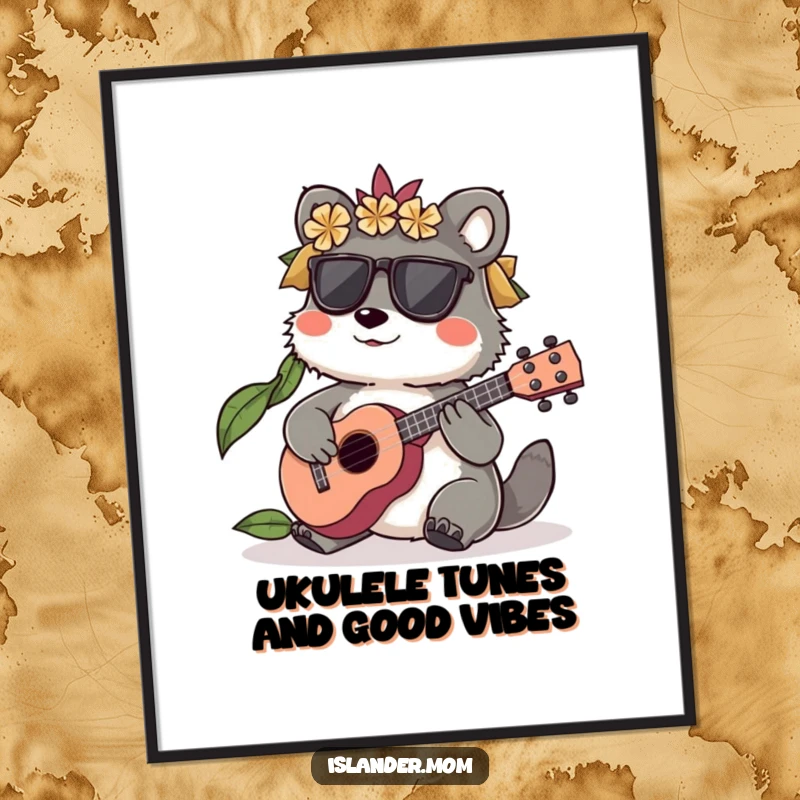 Funny Free Printable Wall Art: Energetic islander animal character playing a cheerful tune on a small ukulele.