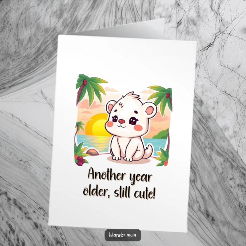 Funny Free Printable Birthday Card of a kawaii islander animal peacefully watching a sunset with closed, happy eyes.