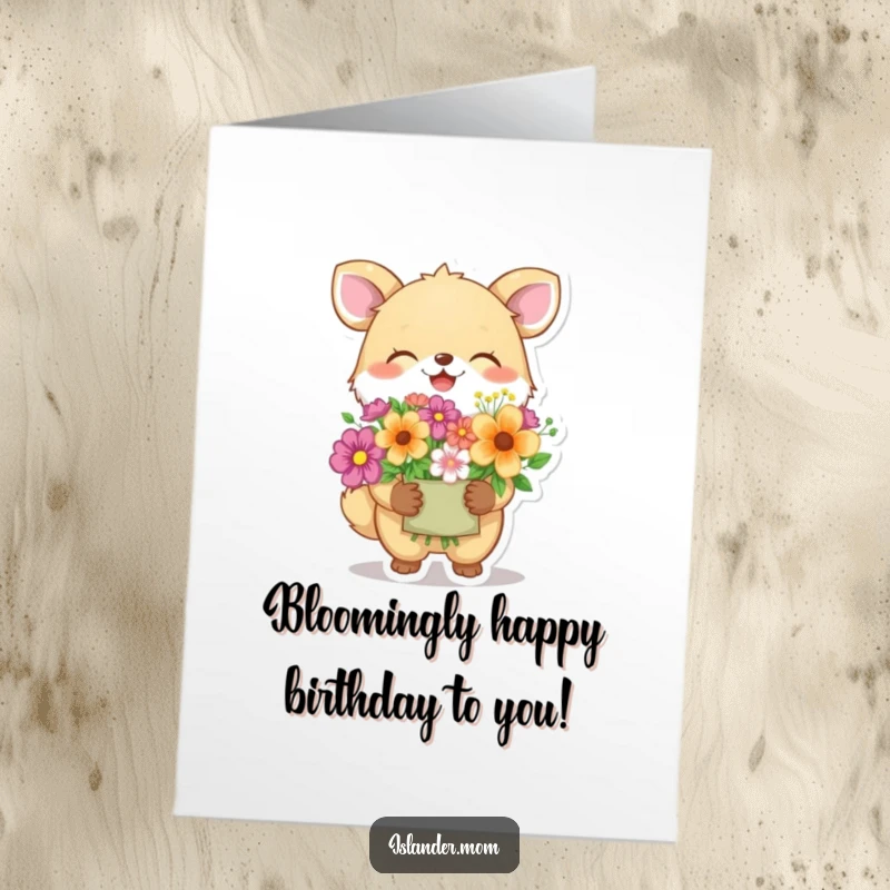 Funny Free Printable Birthday Card: A giggling animal joyfully presents a bouquet of vibrant flowers, celebrating a special day.