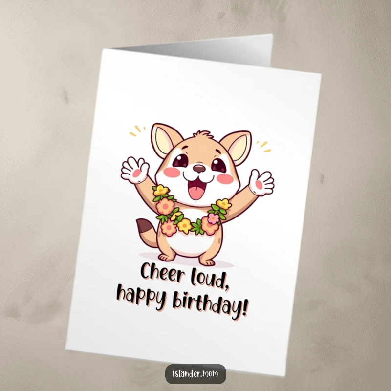 Funny free printable birthday card of an excited animal adorned with leis, energetically waving arms and cheering with pure delight.