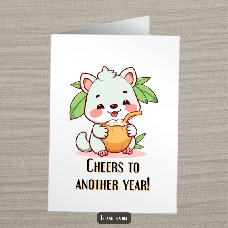 Funny Free Printable Birthday Card, a beaming kawaii islander animal happily sharing a coconut drink, ready to celebrate.