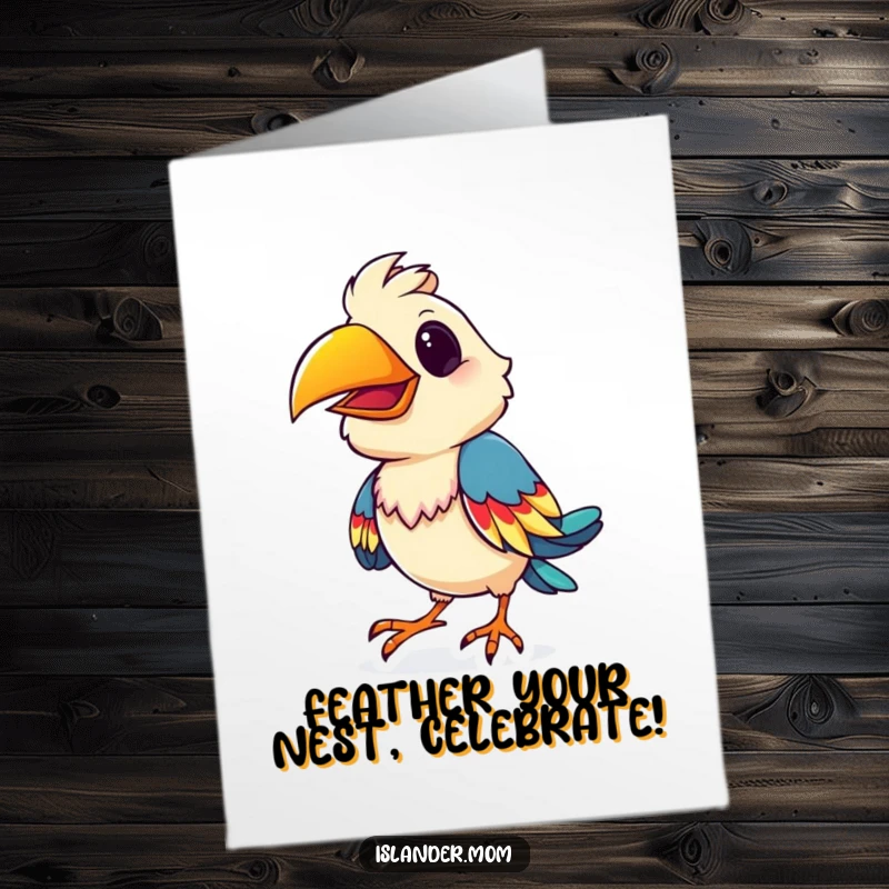 Funny Free Printable Birthday Card: Playful island bird shimmies with colorful feathers, full of birthday glee.