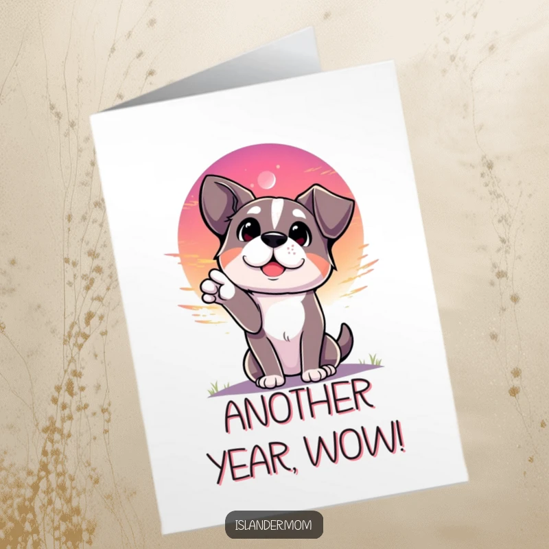Funny Free Printable Birthday Card: Dog gesturing at a vibrant sunset with a look of pure wonder and joy.