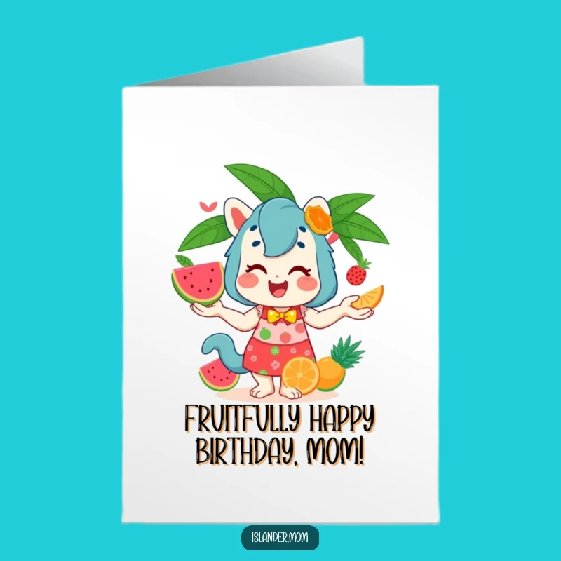 Free Printable Birthday Card: Funny Islander Mom Juggling Fruits for a Deliciously Hilarious Gift