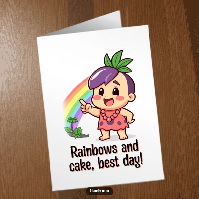 Funny Free Printable Birthday Card featuring an excited islander pointing at a vibrant rainbow, perfect for a joyful celebration.
