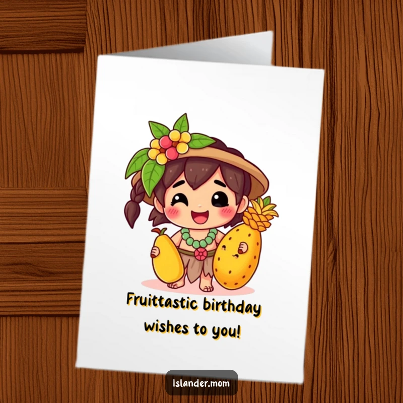 Funny Free Printable Birthday Card of a Kawaii islander character holding a tropical fruit and beaming with happiness.
