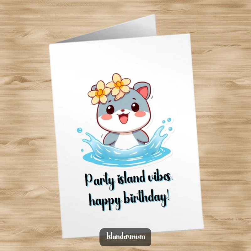 Funny Free Printable Birthday Card: A cheerful islander animal with a flower behind its ear splashing playfully in vibrant blue water.